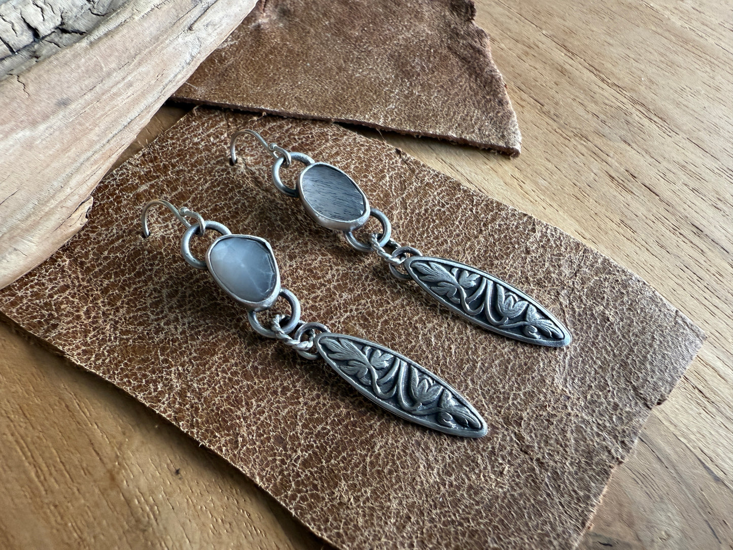 Gray Moonstone Victorian Floral Earrings