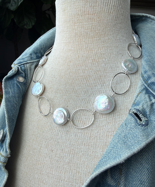 Coin Pearl and Silver Link Necklace