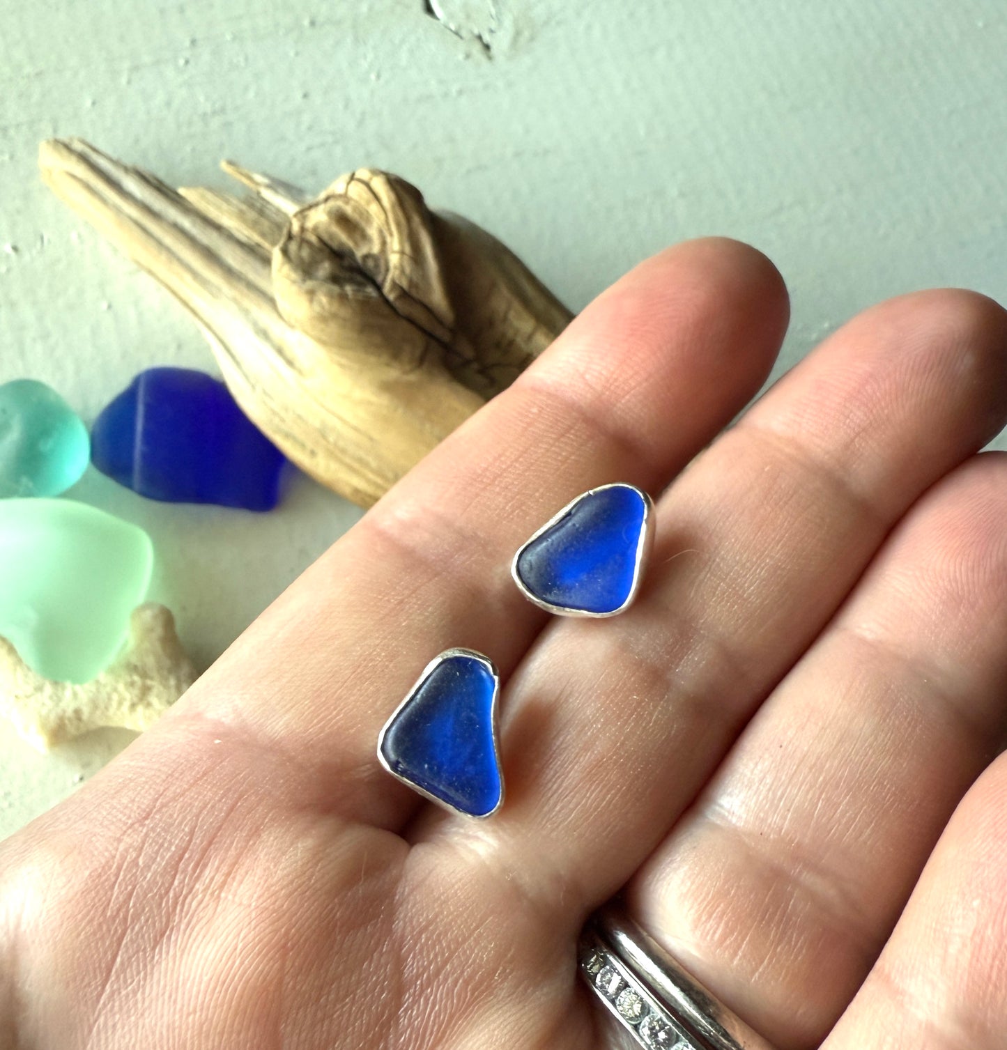 Cobalt Blue Sea Glass Stud Earrings