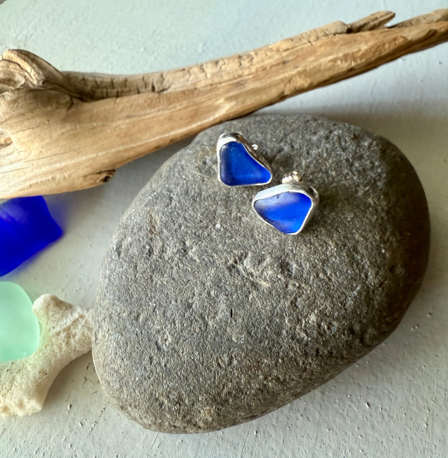 Cobalt Blue Sea Glass Stud Earrings