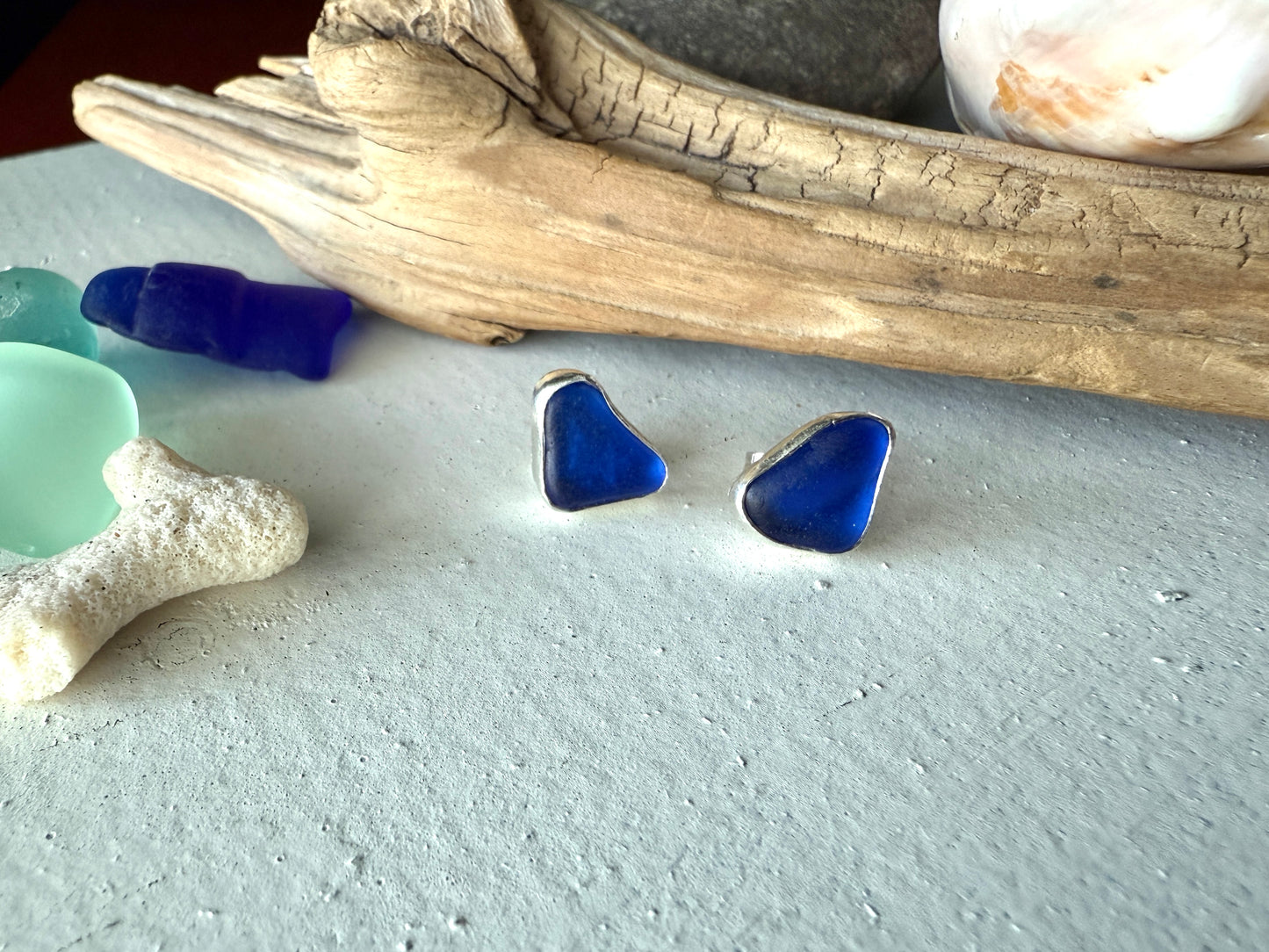 Cobalt Blue Sea Glass Stud Earrings