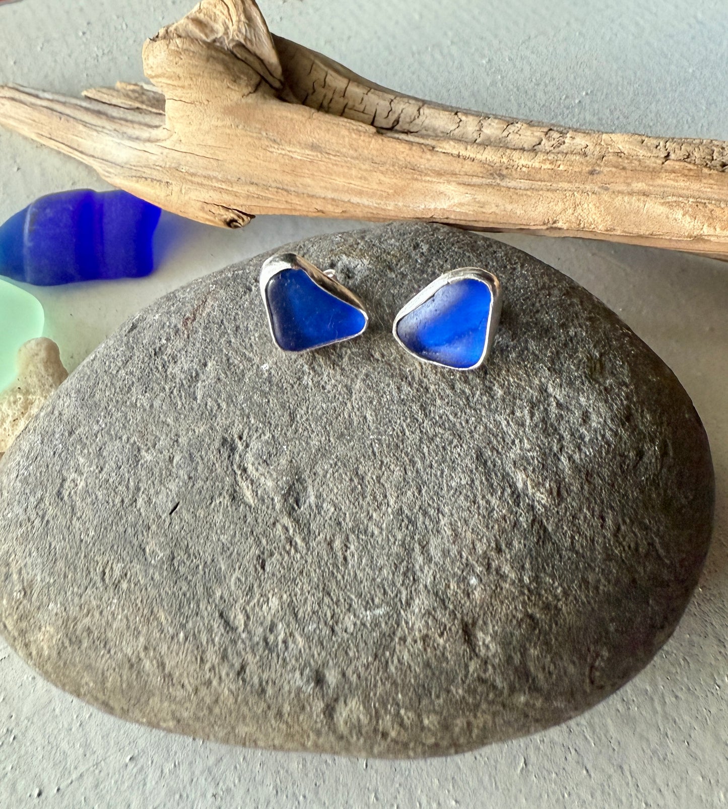 Cobalt Blue Sea Glass Stud Earrings