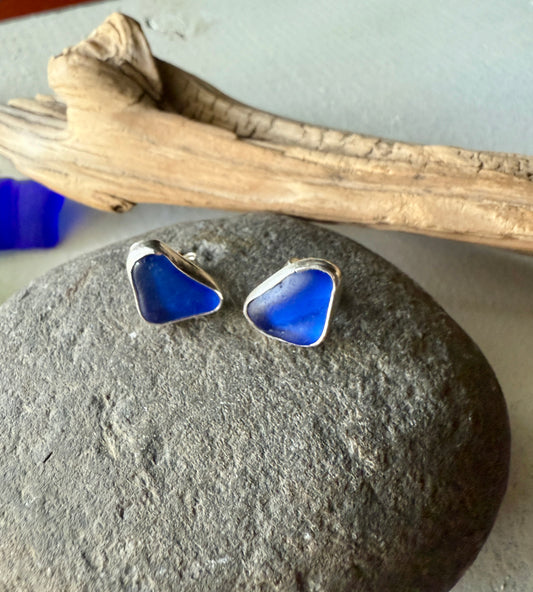 Cobalt Blue Sea Glass Stud Earrings