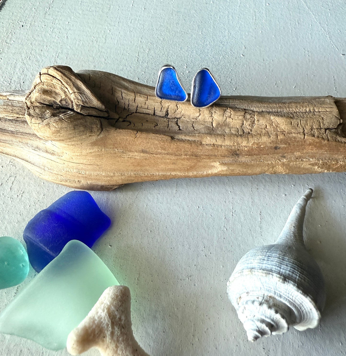 Cobalt Blue Sea Glass Stud Earrings