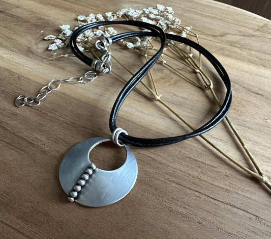 Sterling Silver Circle Pendant Leather Necklace
