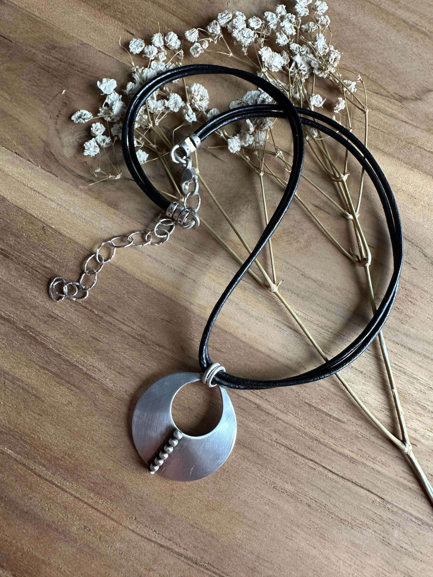 Sterling Silver Circle Pendant Leather Necklace