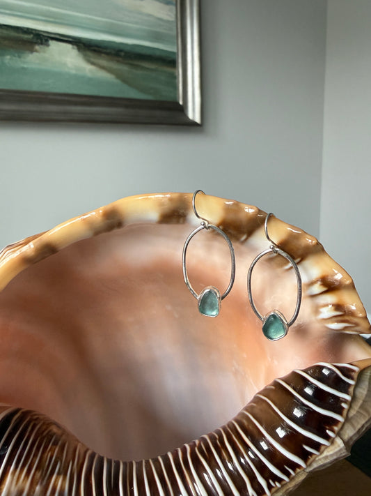 Aqua Blue Sea Glass Oval Hoop Earrings