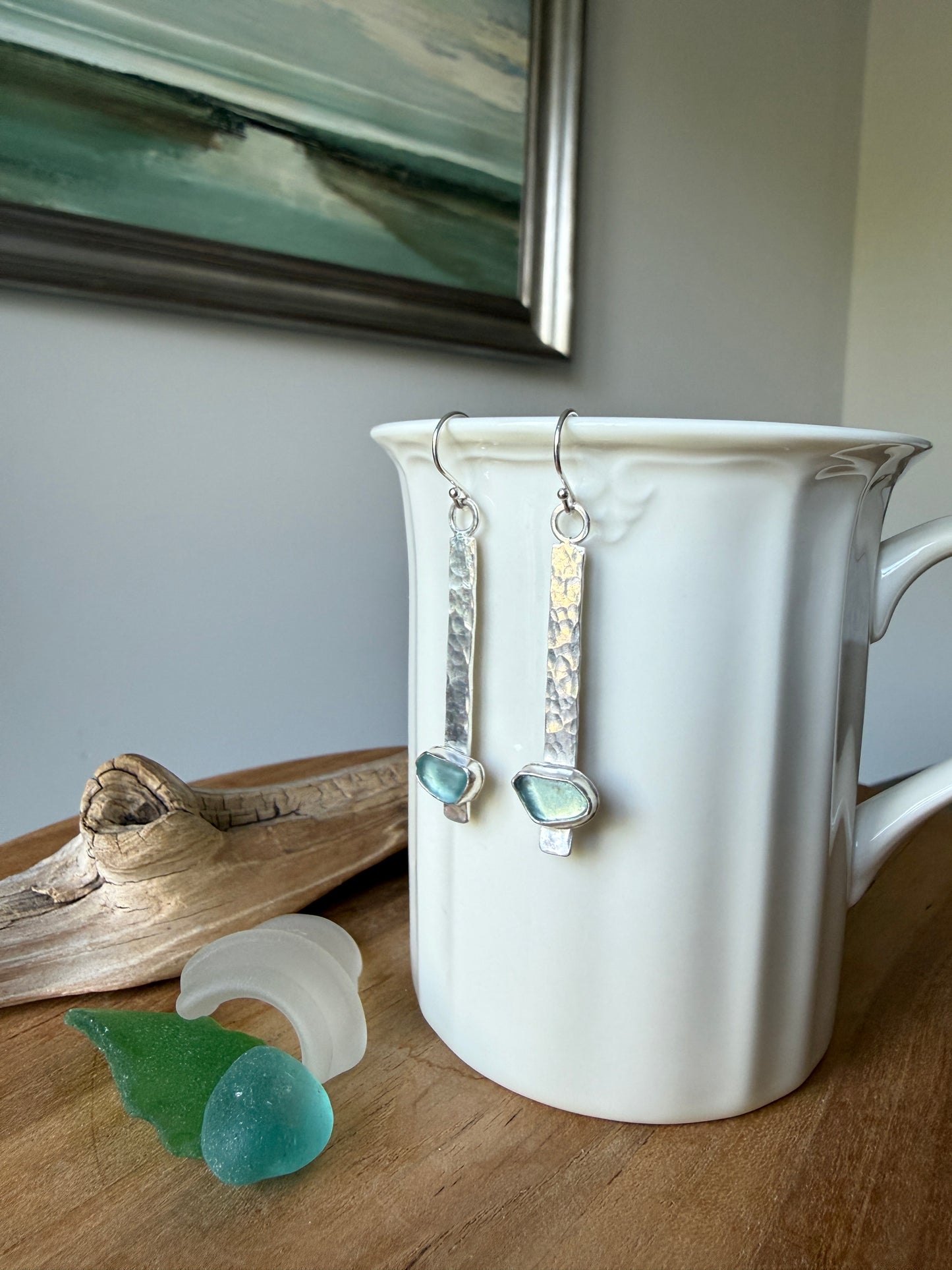 Aqua Blue Sea Glass Stick Earrings