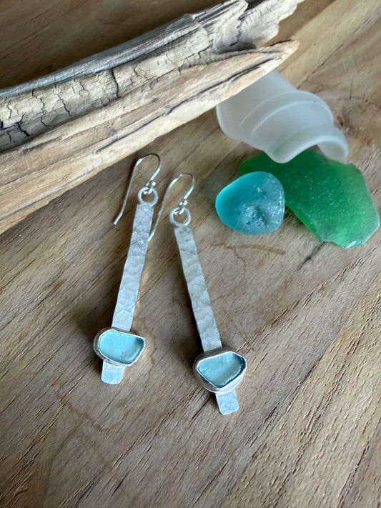 Aqua Blue Sea Glass Stick Earrings