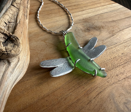 Green Sea Glass Dragonfly Necklace