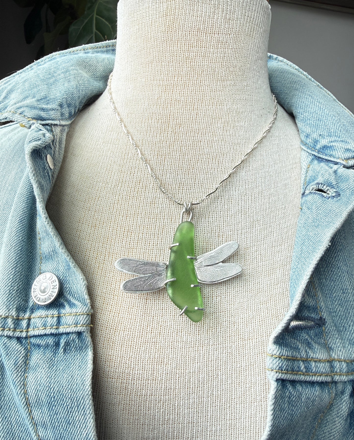 Green Sea Glass Dragonfly Necklace
