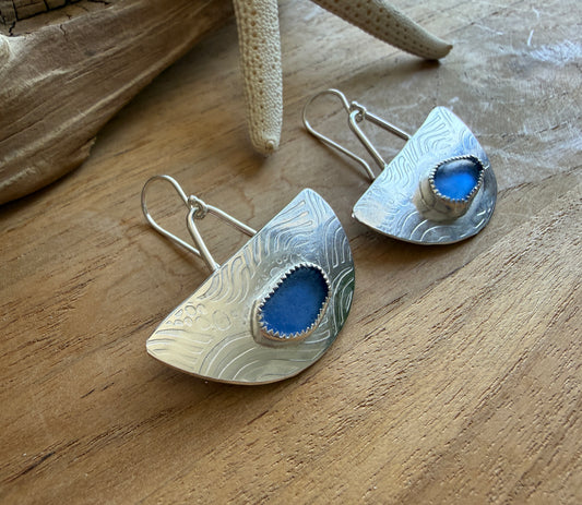 Wavy Deep Blue Sea Glass Earrings