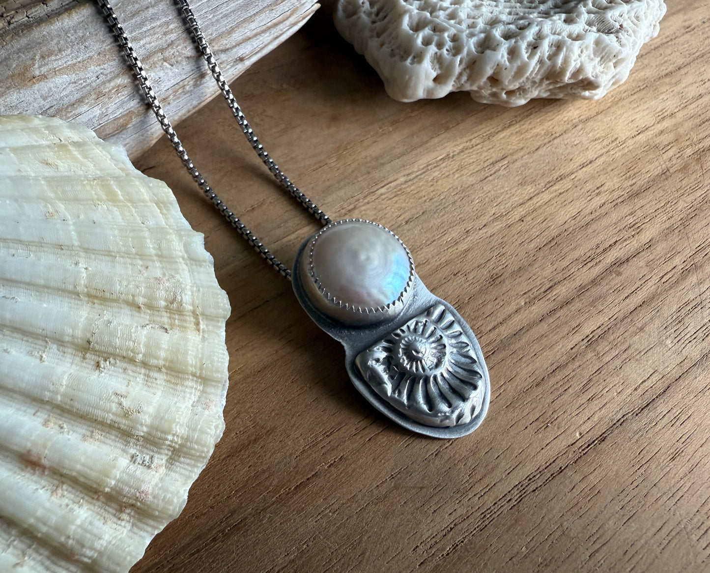 Sterling Silver Ammonite with Freshwater Coin Pearl
