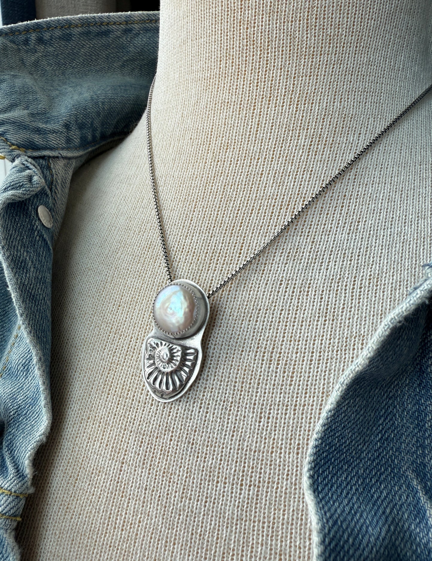 Sterling Silver Ammonite with Freshwater Coin Pearl