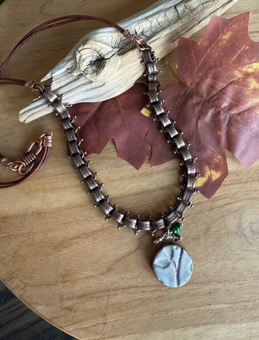 Long Leather and Copper Pottery Charm Necklace