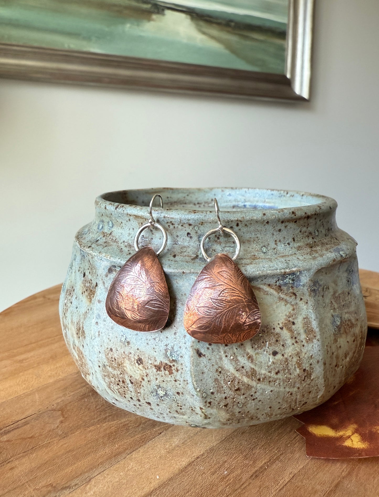 Floral Copper and Silver Dangle Earrings