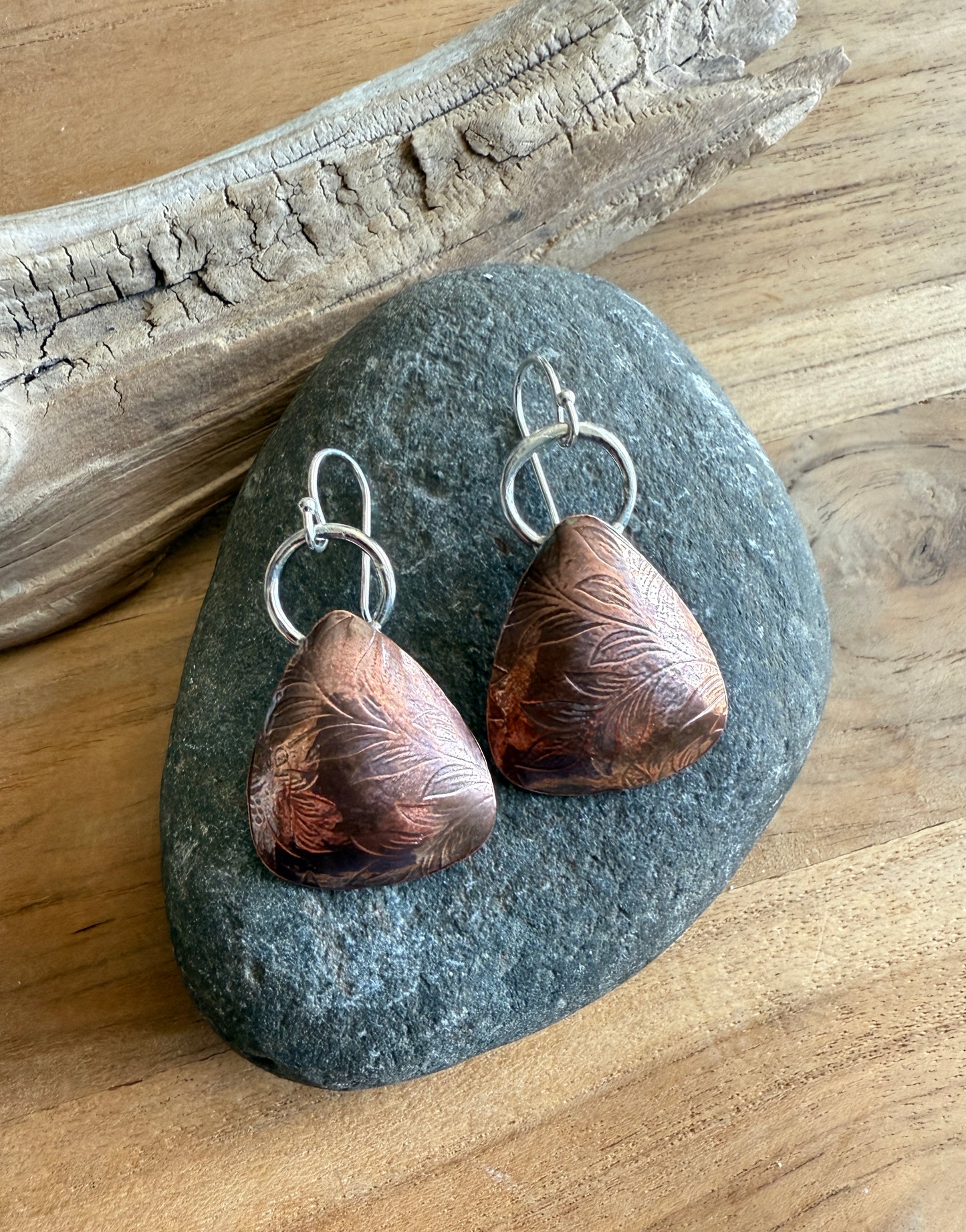 Floral Copper and Silver Dangle Earrings