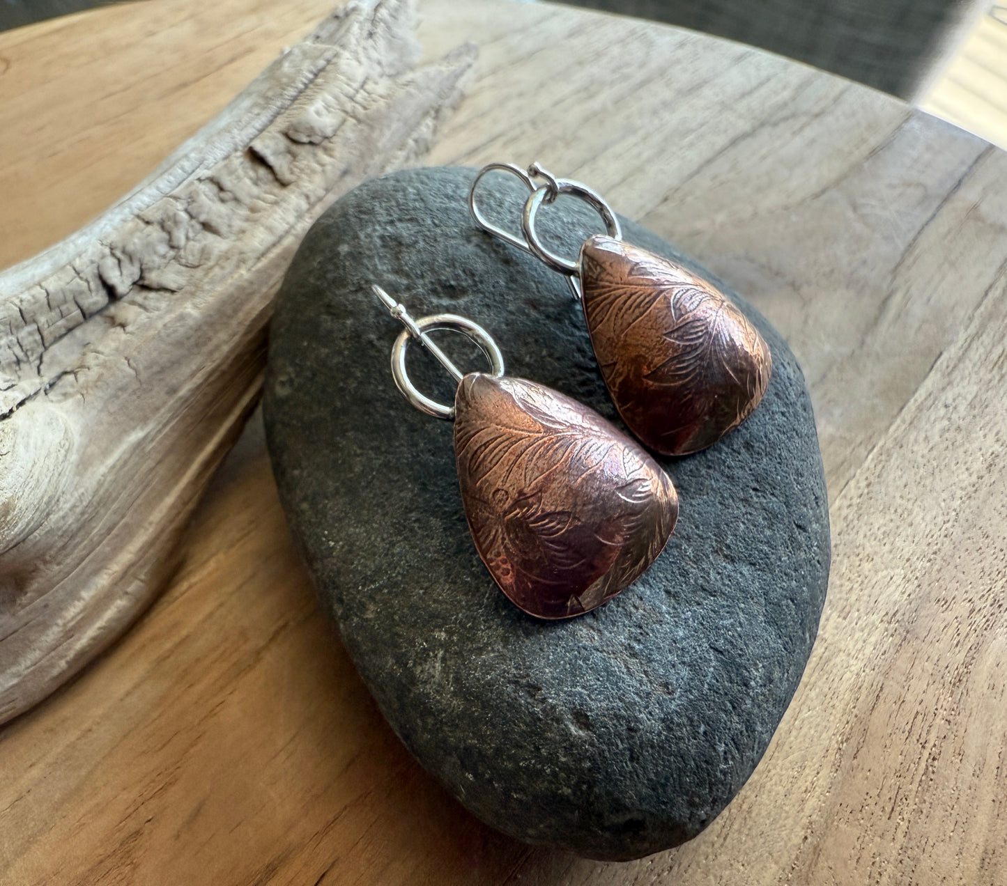 Floral Copper and Silver Dangle Earrings