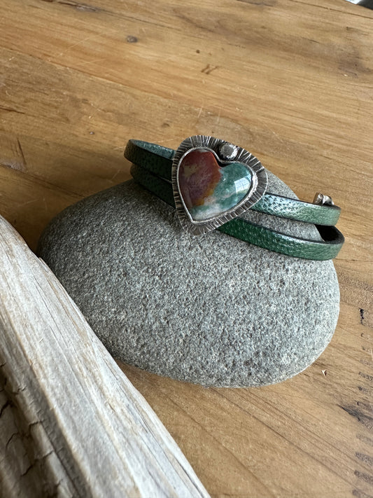Fancy Jasper Heart Leather Wrap Bracelet