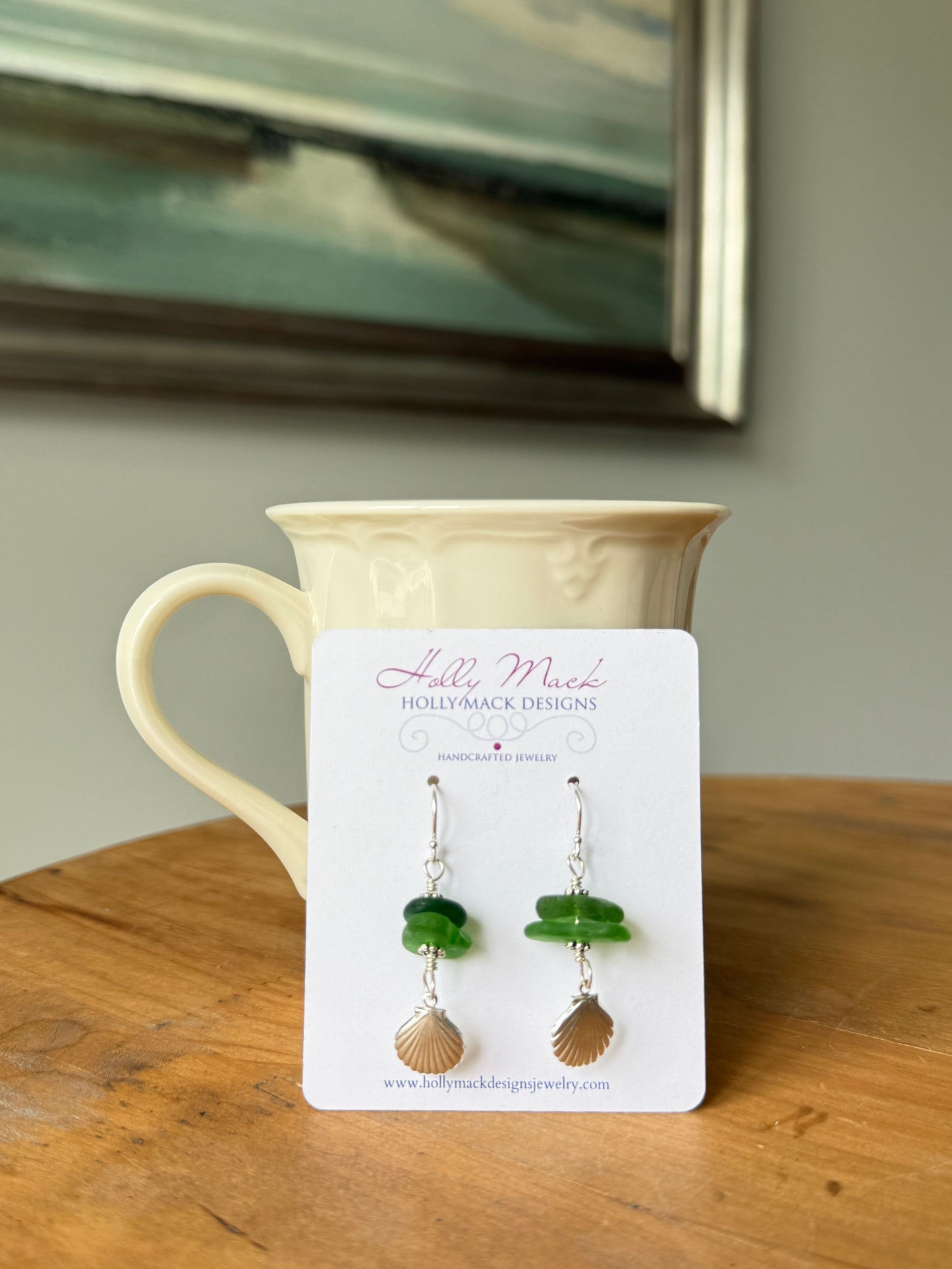Green Sea Glass and Clam Shell Earrings