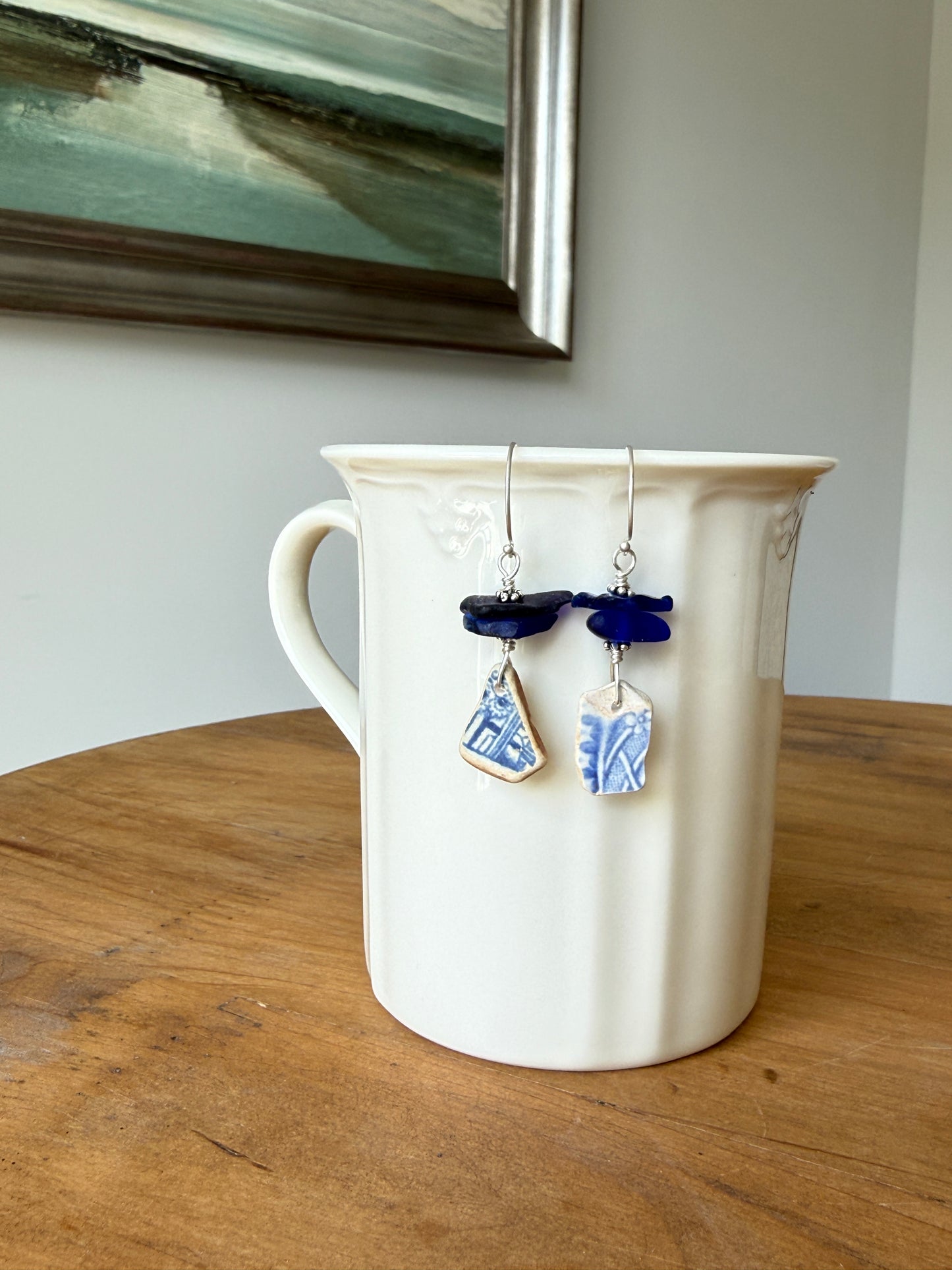 Cobalt Blue Sea Glass and Sea Pottery Earrings