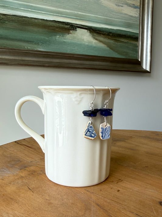Cobalt Blue Sea Glass and Sea Pottery Earrings