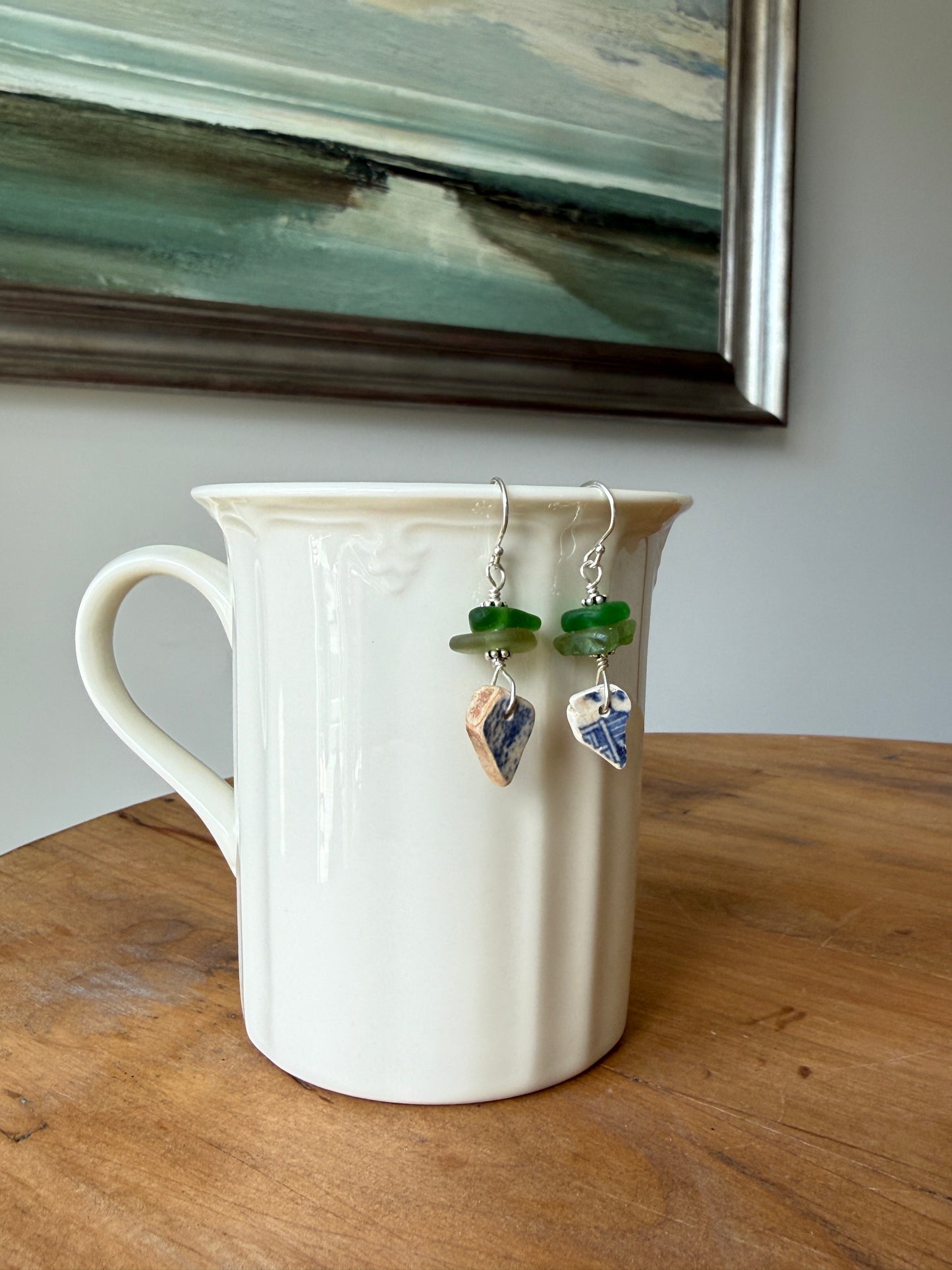 Green Sea Glass and Sea Pottery Earrings