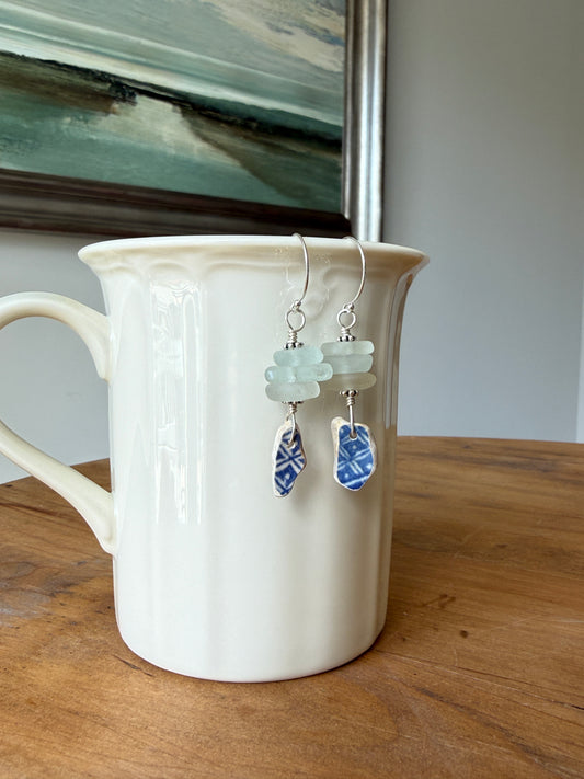 Pale Blue Sea Glass and Sea Pottery Earrings