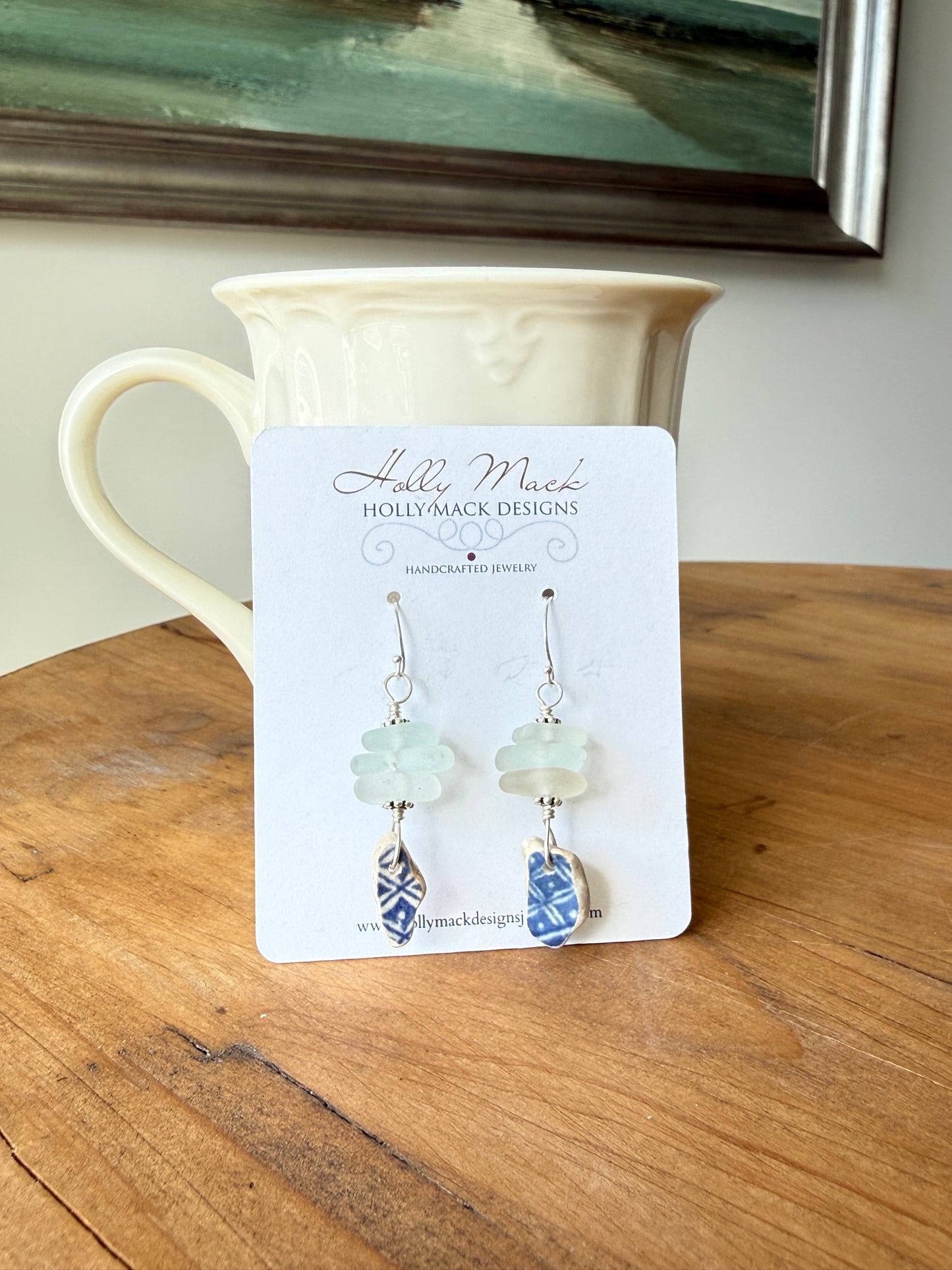 Pale Blue Sea Glass and Sea Pottery Earrings