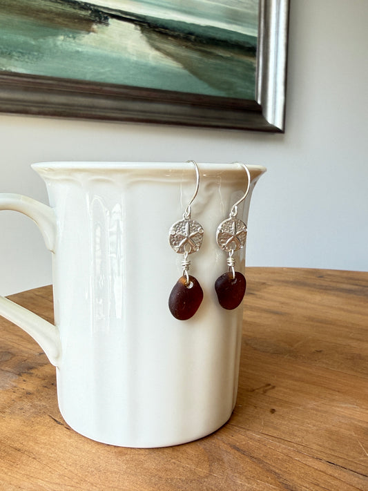 Amber Brown Sea Glass and Sand Dollar Earrings