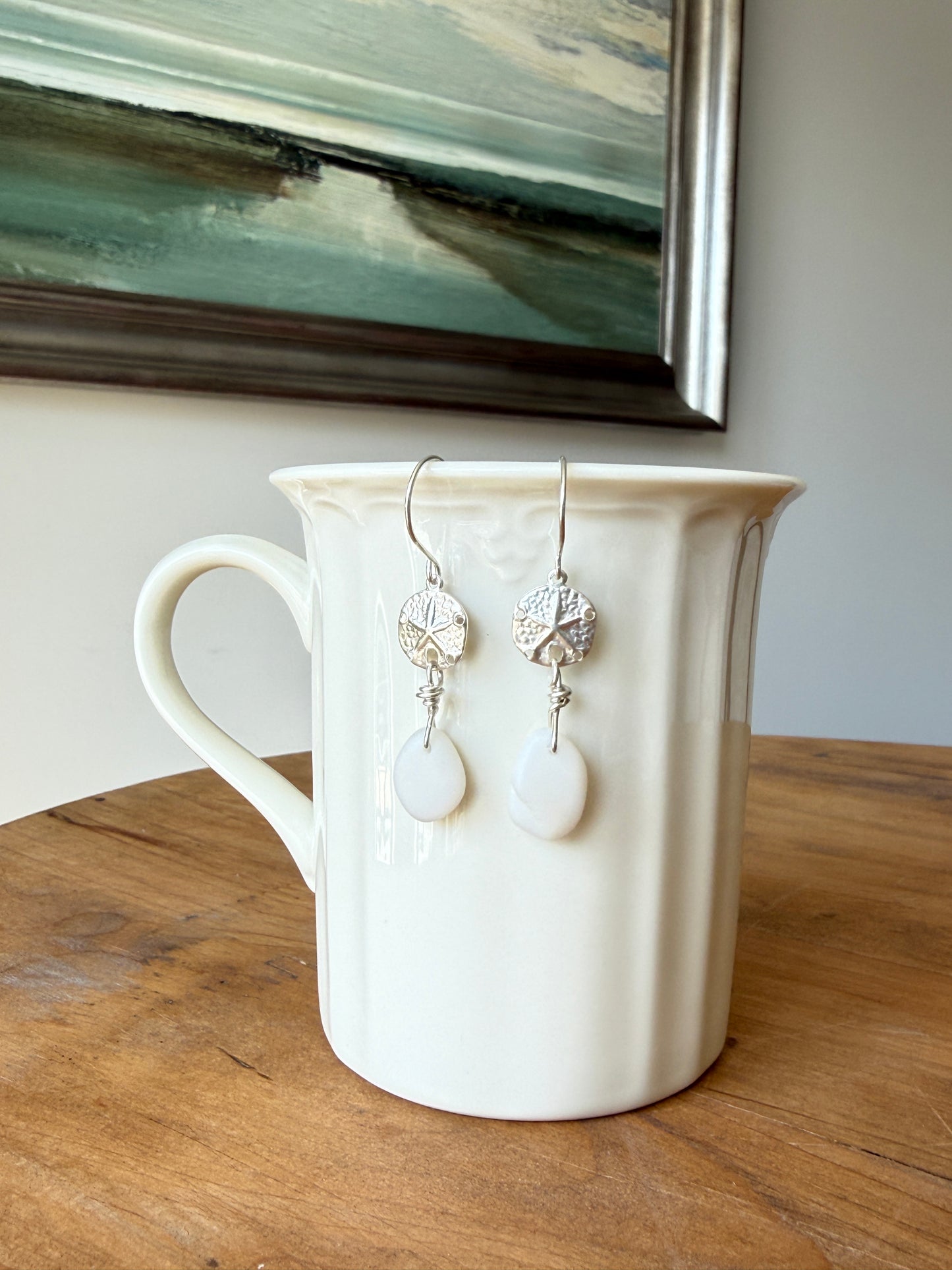Milk Glass Sea Glass and Sand Dollar Earrings