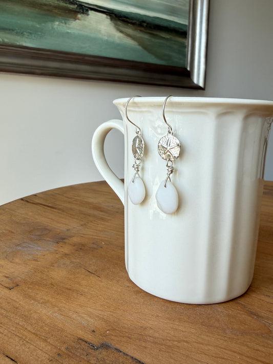 Milk Glass Sea Glass and Sand Dollar Earrings