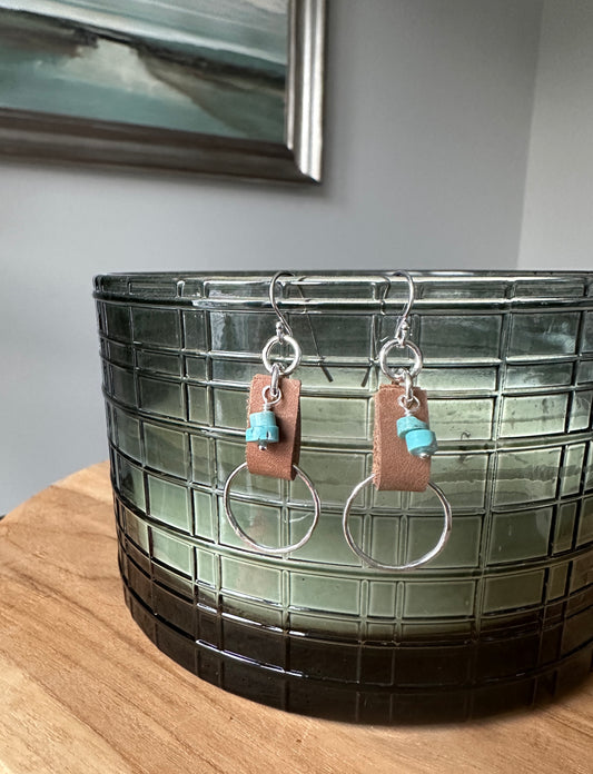 Turquoise and Leather Circle Earrings