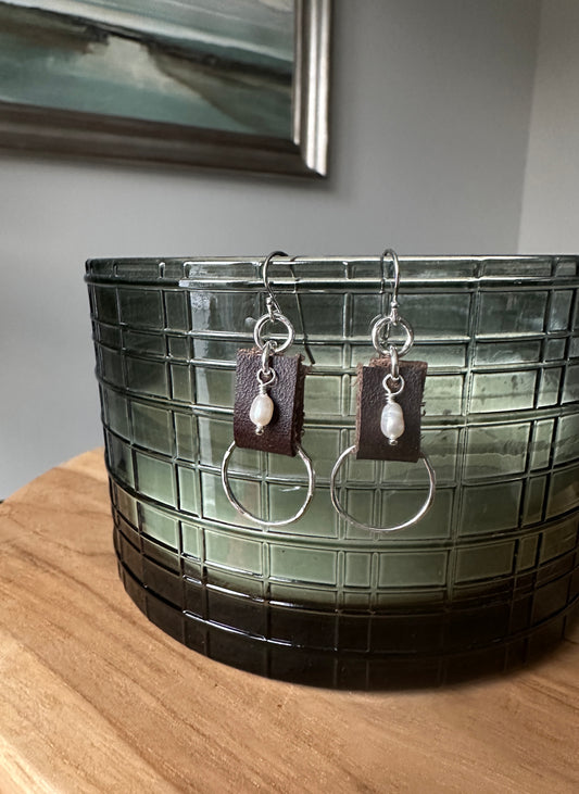 Freshwater Pearl and Leather Circle Earrings