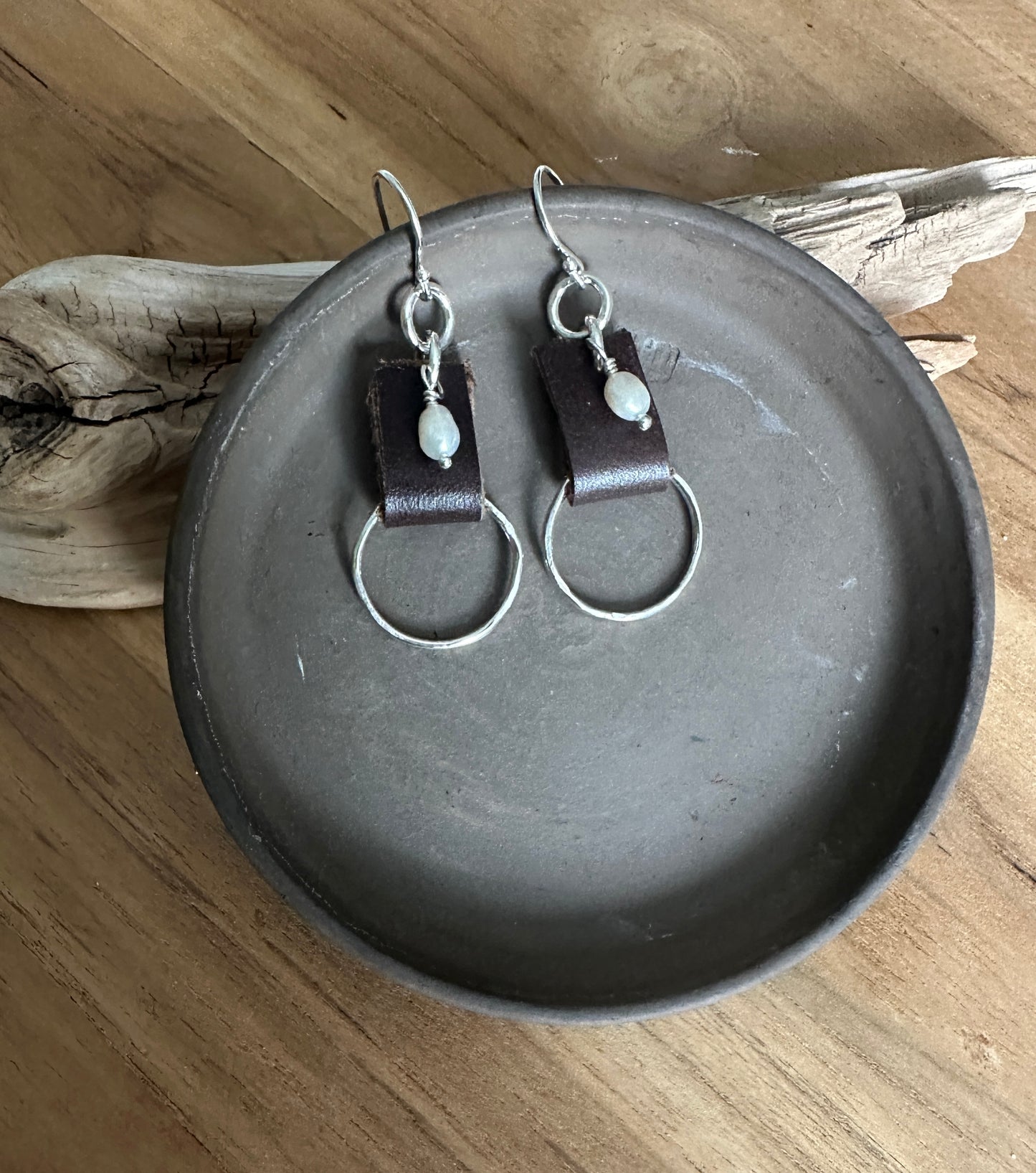 Freshwater Pearl and Leather Circle Earrings