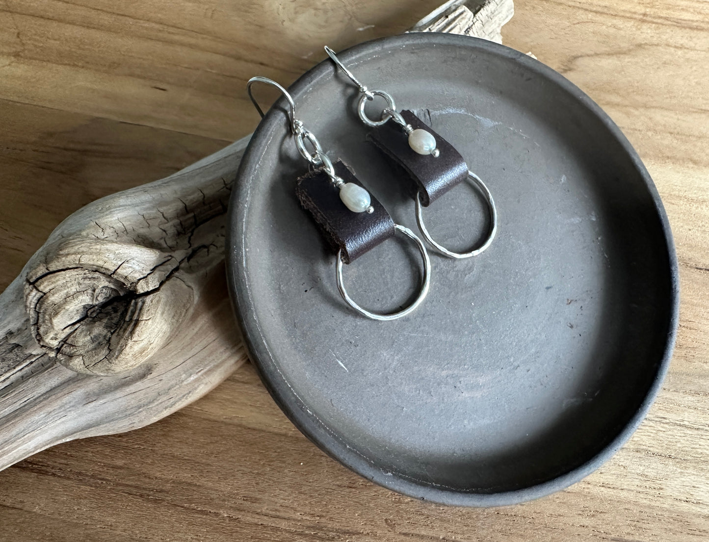 Freshwater Pearl and Leather Circle Earrings