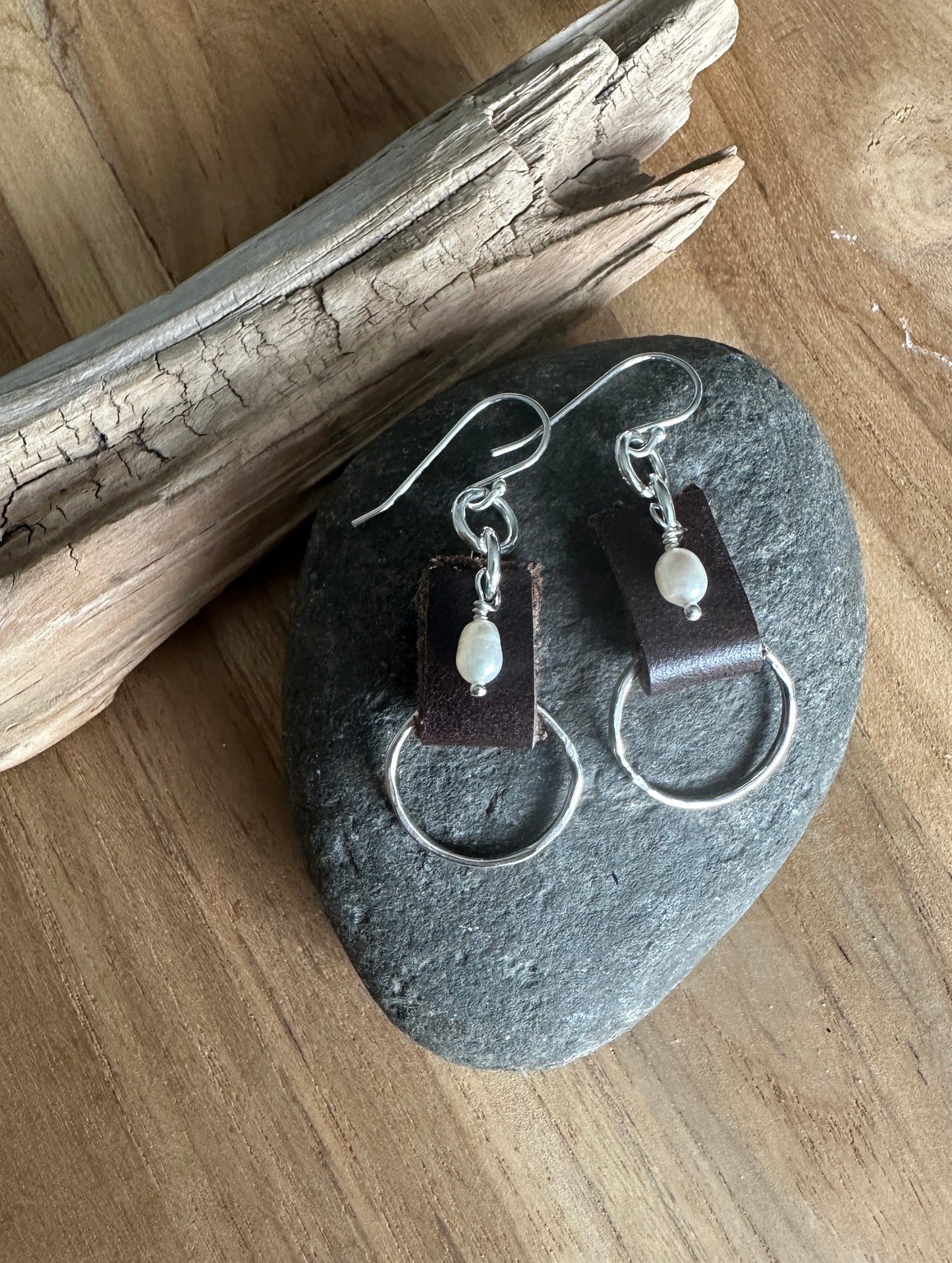 Freshwater Pearl and Leather Circle Earrings