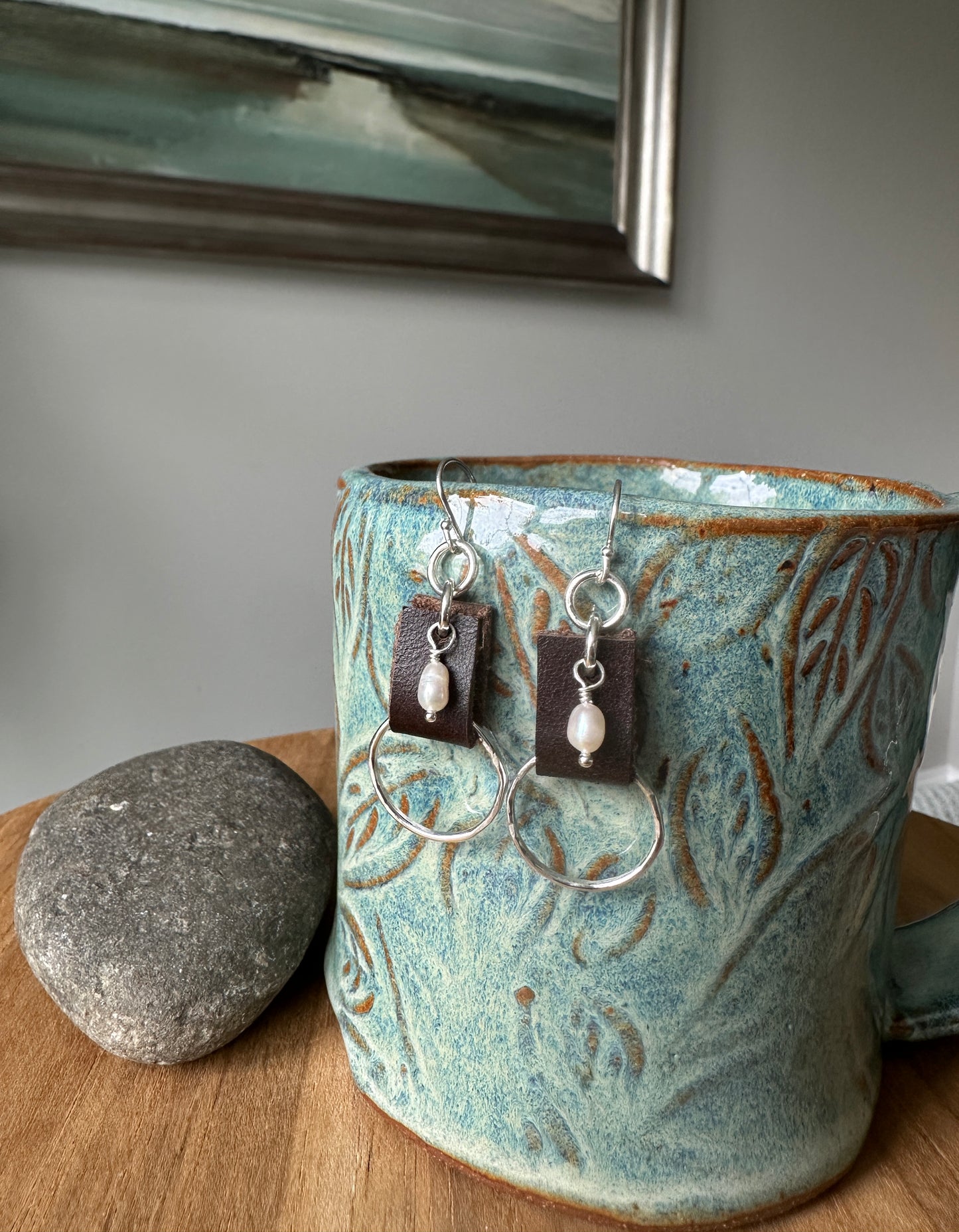 Freshwater Pearl and Leather Circle Earrings