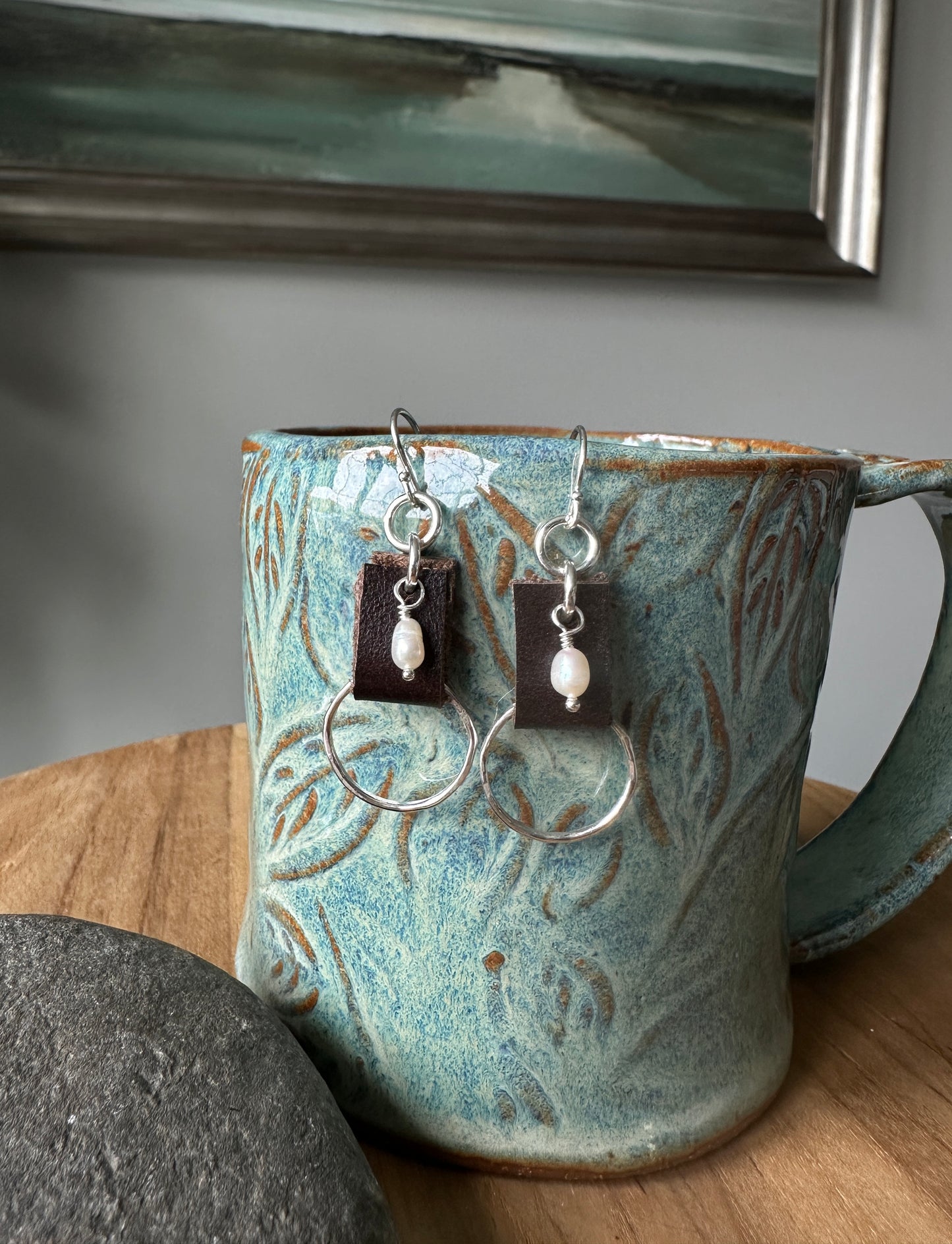Freshwater Pearl and Leather Circle Earrings