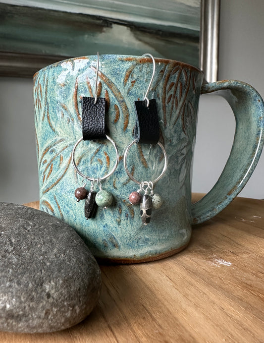 Leather and Jasper Circle Earrings