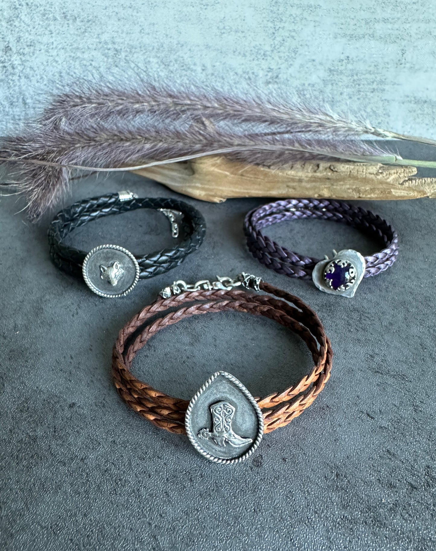 Amethyst Flaming Heart Leather Wrap Bracelet