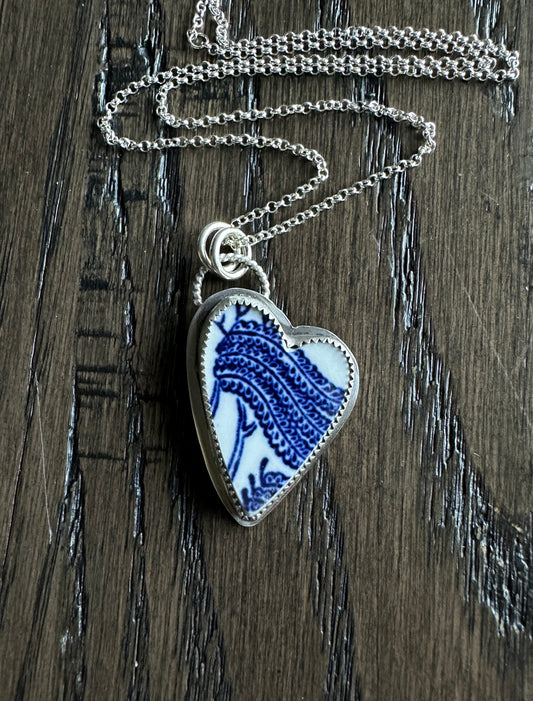 Blue Willow China Heart Necklace