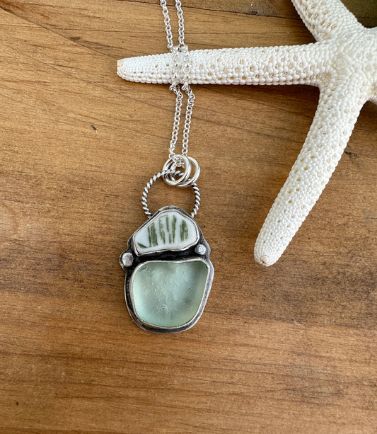 Sea foam green sea glass and sea pottery necklace