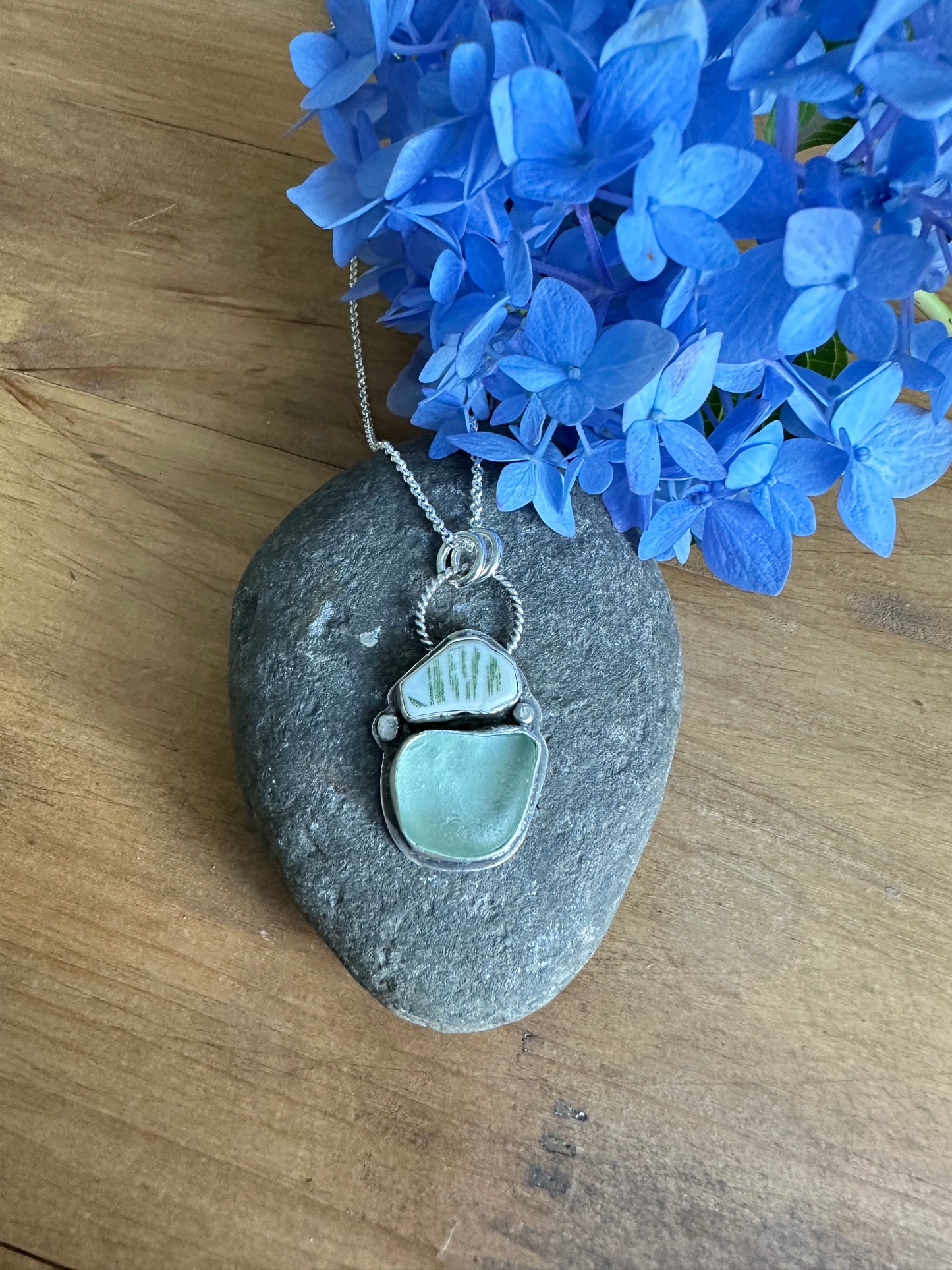 Sea foam green sea glass and sea pottery necklace