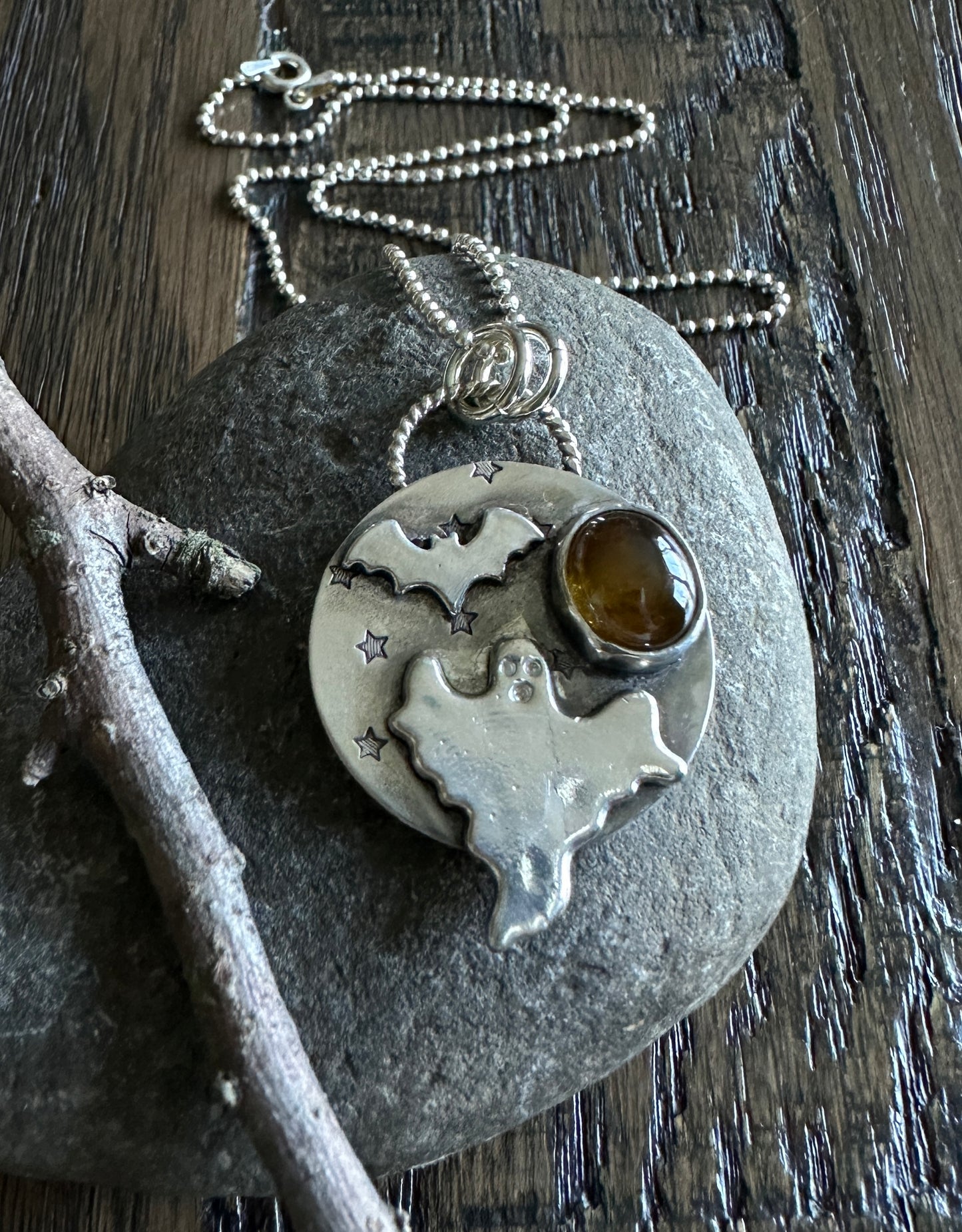 Ghost and Bat Necklace with Citrine Stone