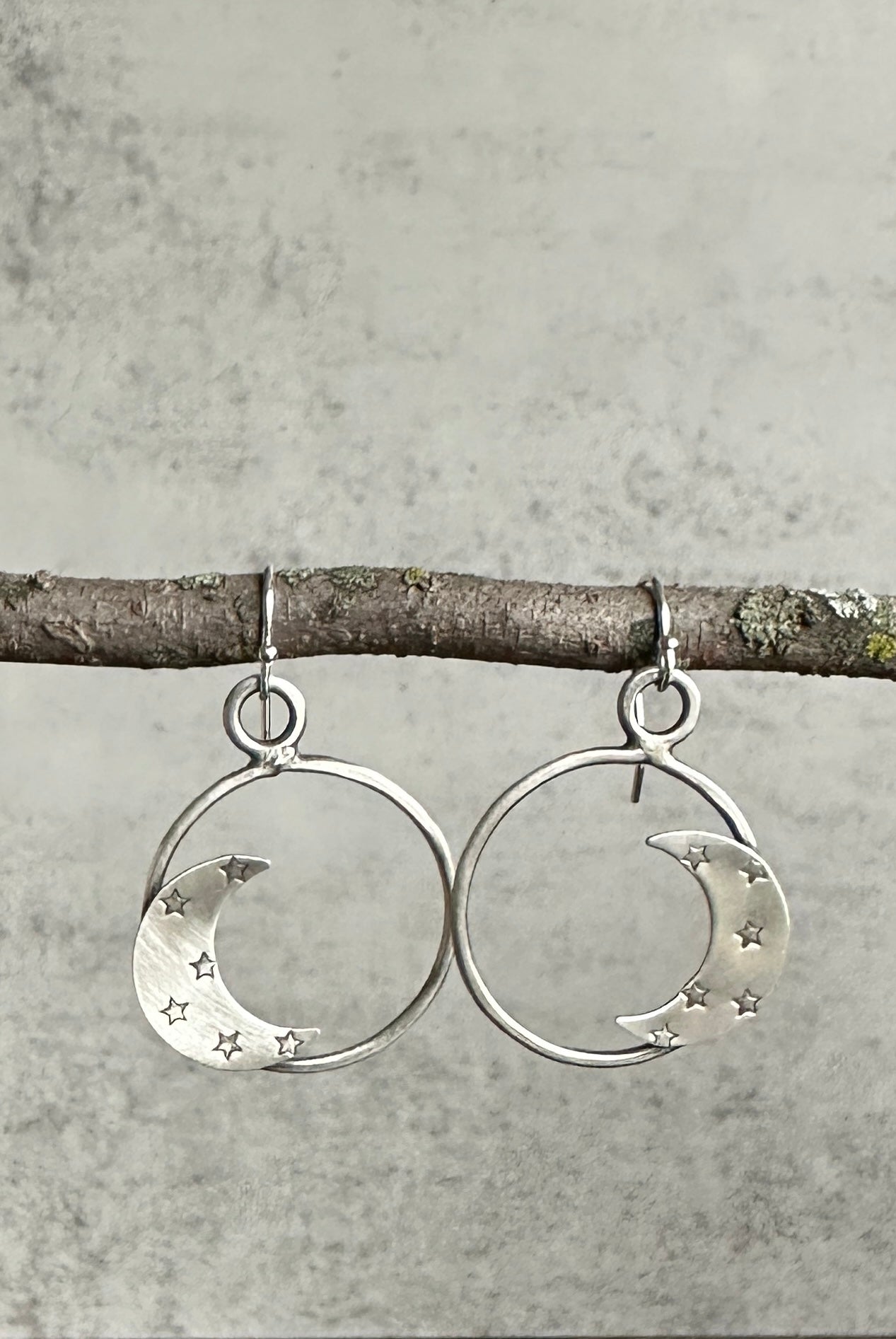 Sterling Silver Circle Moon and Star Earrings