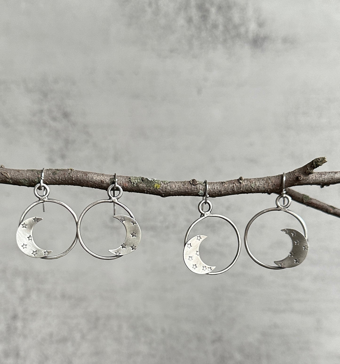 Sterling Silver Circle Moon and Star Earrings