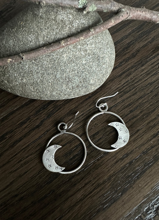 Sterling Silver Circle Moon and Star Earrings