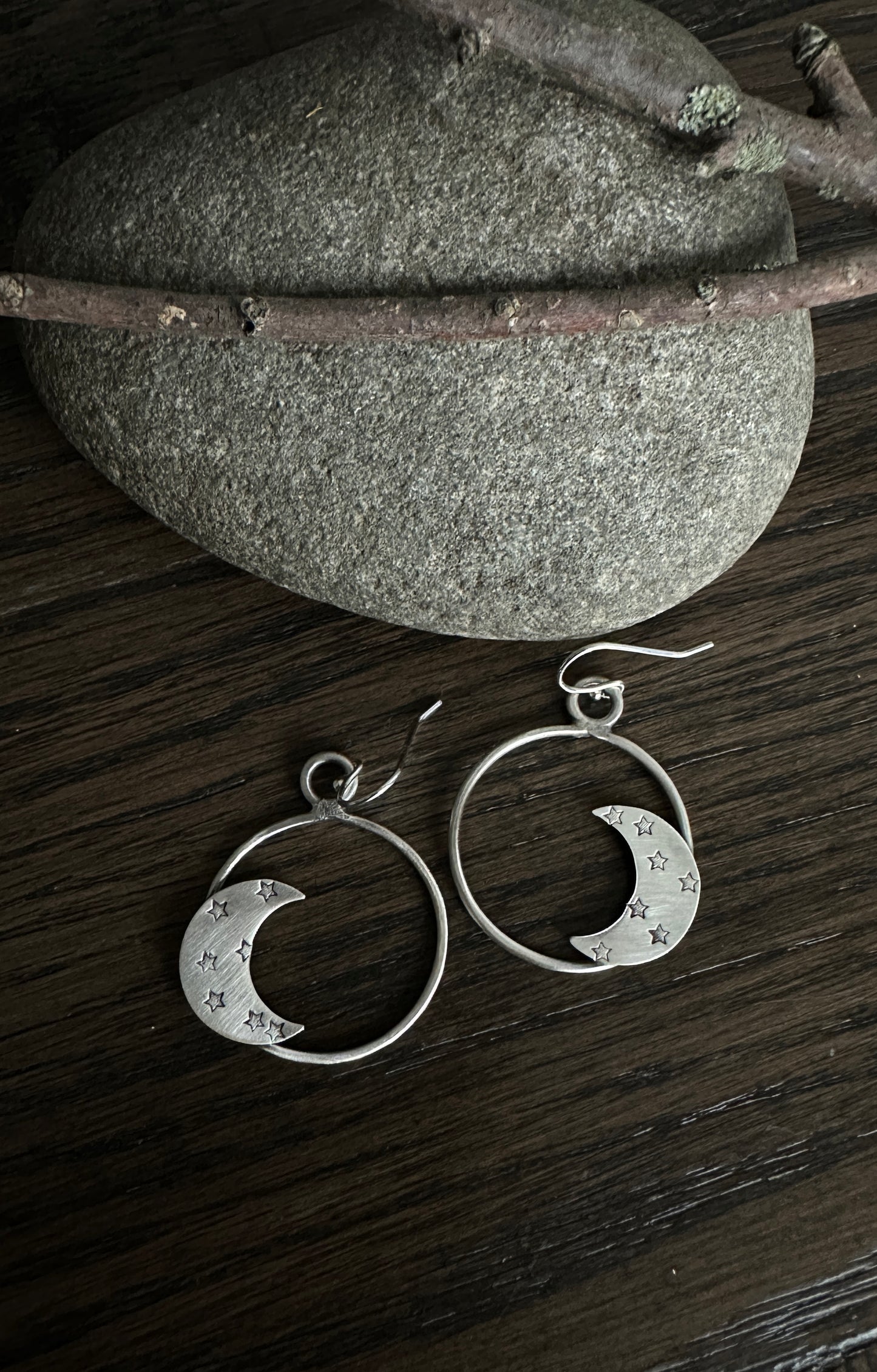 Sterling Silver Circle Moon and Star Earrings