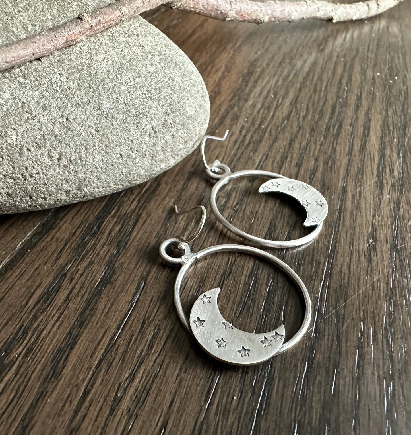 Sterling Silver Circle Moon and Star Earrings